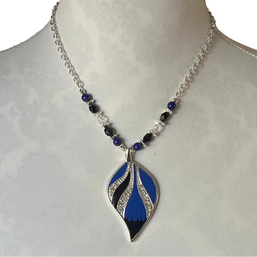 Statement Silver Chain with Blue & Silver Leaf Pendant Necklace